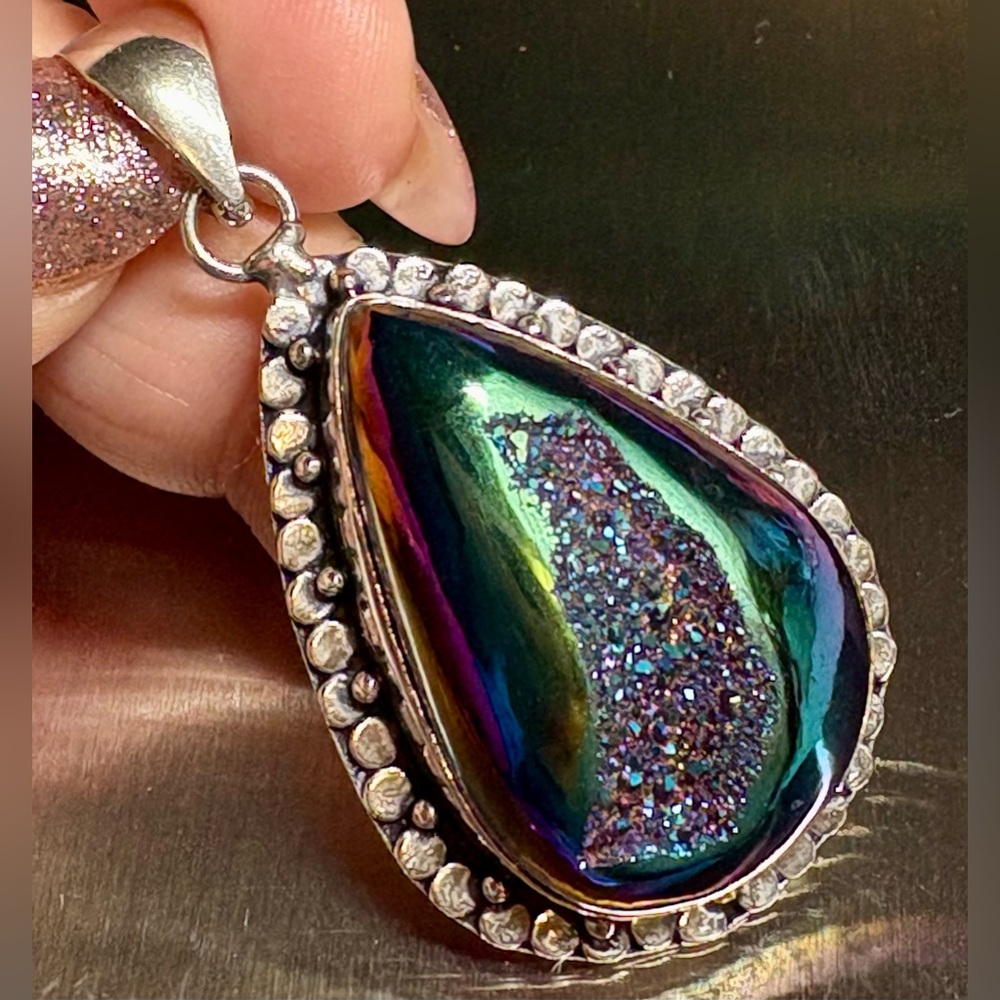 Pear Shaped titanium Druzy ethnic artisan made Pendant, Sterling silver
